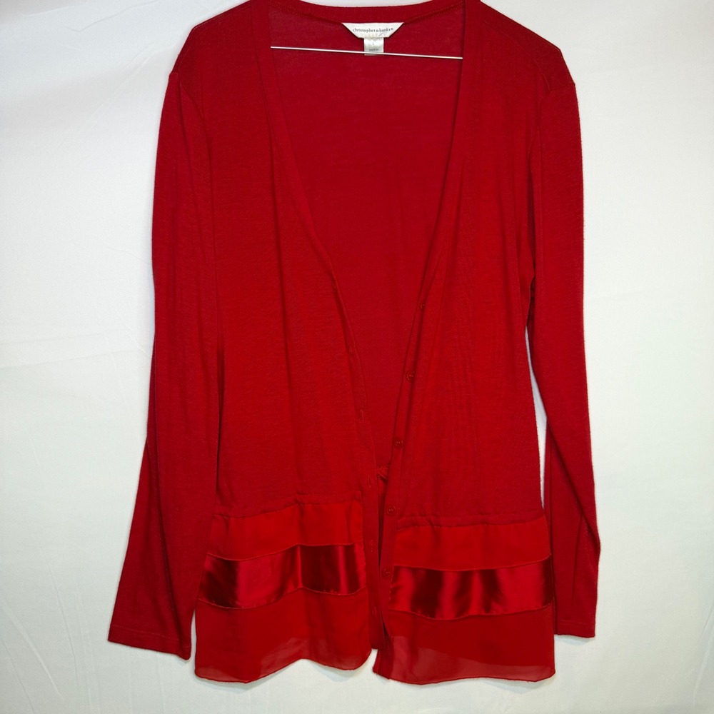 Christopher & Banks Womens Red Ruffle Satin‎ Trim Knit Cardigan Sweater Large